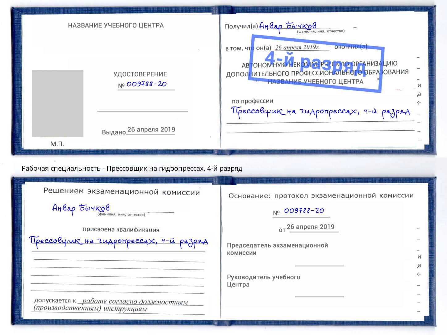 корочка 4-й разряд Прессовщик на гидропрессах Новозыбков
