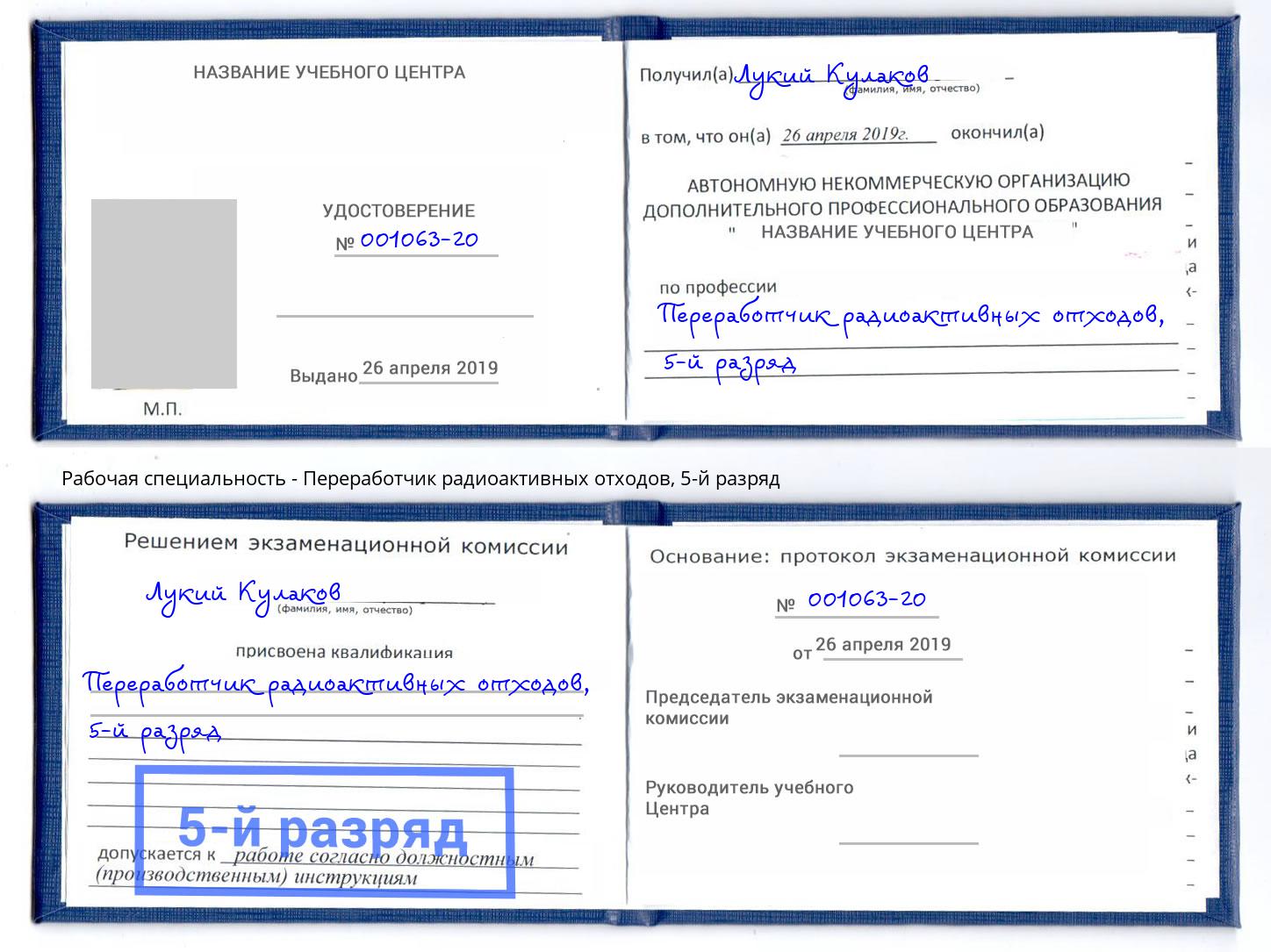 корочка 5-й разряд Переработчик радиоактивных отходов Новозыбков