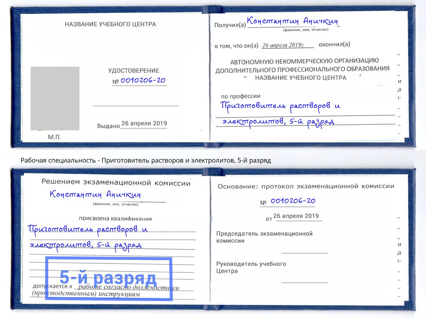 корочка 5-й разряд Приготовитель растворов и электролитов Новозыбков
