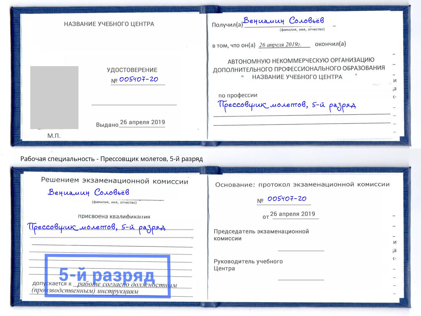 корочка 5-й разряд Прессовщик молетов Новозыбков