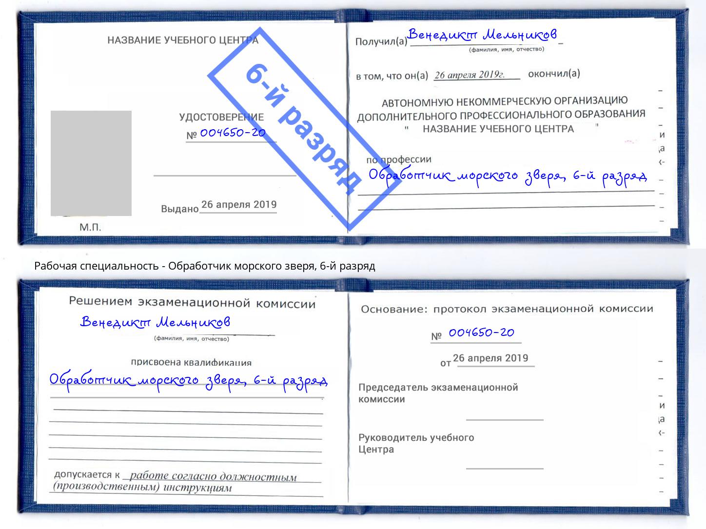 корочка 6-й разряд Обработчик морского зверя Новозыбков