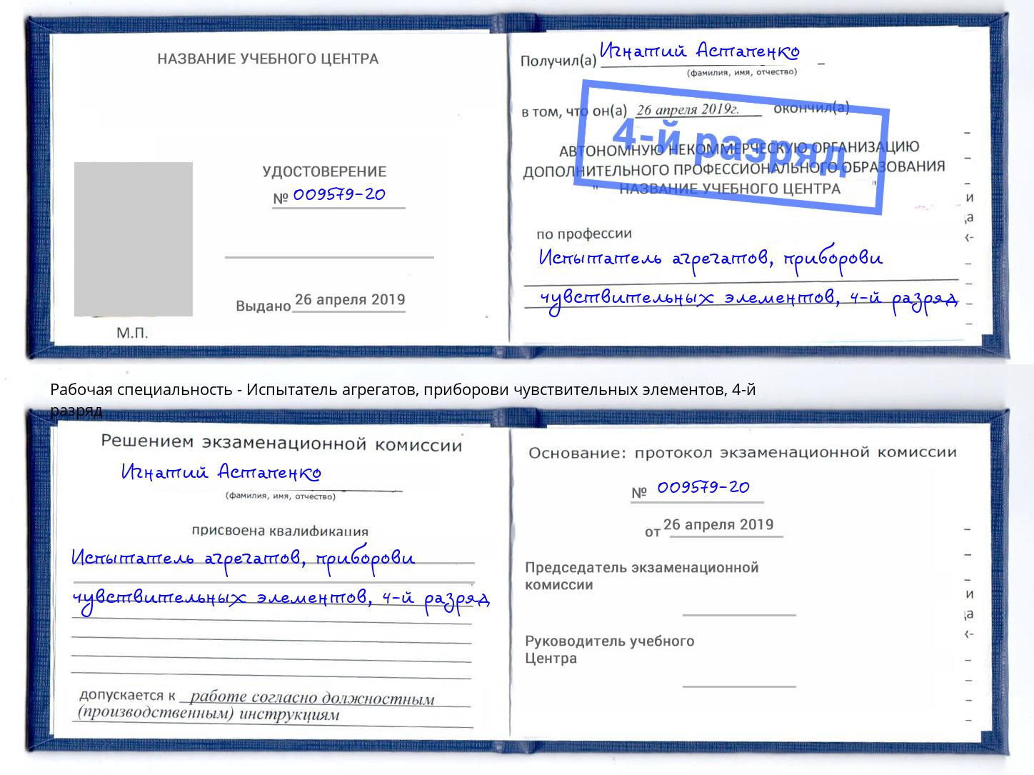 корочка 4-й разряд Испытатель агрегатов, приборови чувствительных элементов Новозыбков