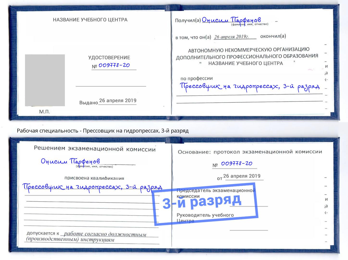 корочка 3-й разряд Прессовщик на гидропрессах Новозыбков