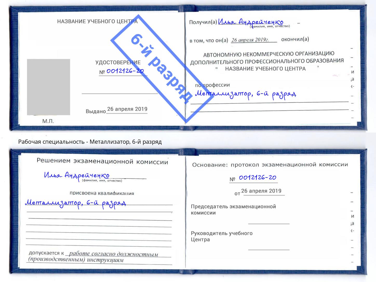 корочка 6-й разряд Металлизатор Новозыбков