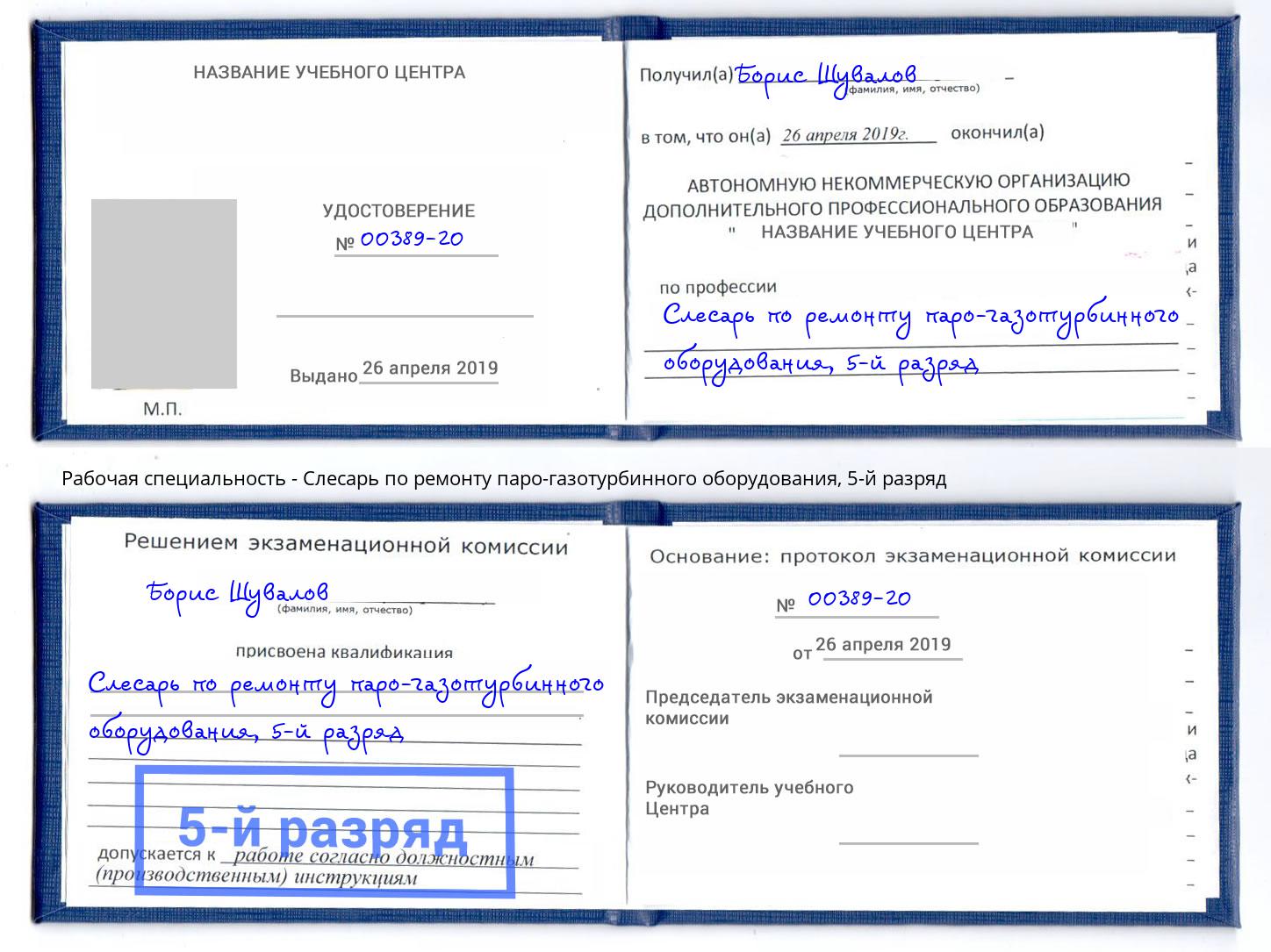 корочка 5-й разряд Слесарь по ремонту паро-газотурбинного оборудования Новозыбков