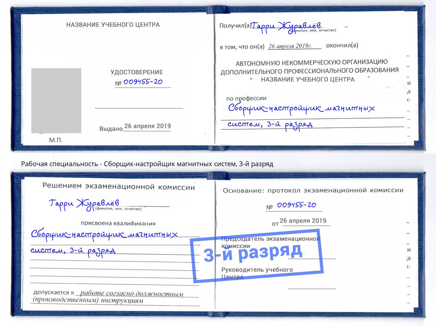 корочка 3-й разряд Сборщик-настройщик магнитных систем Новозыбков