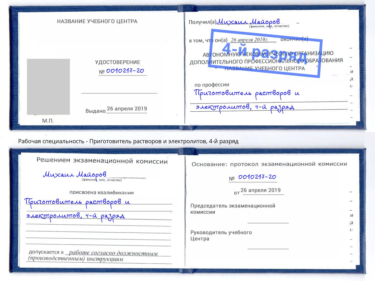 корочка 4-й разряд Приготовитель растворов и электролитов Новозыбков