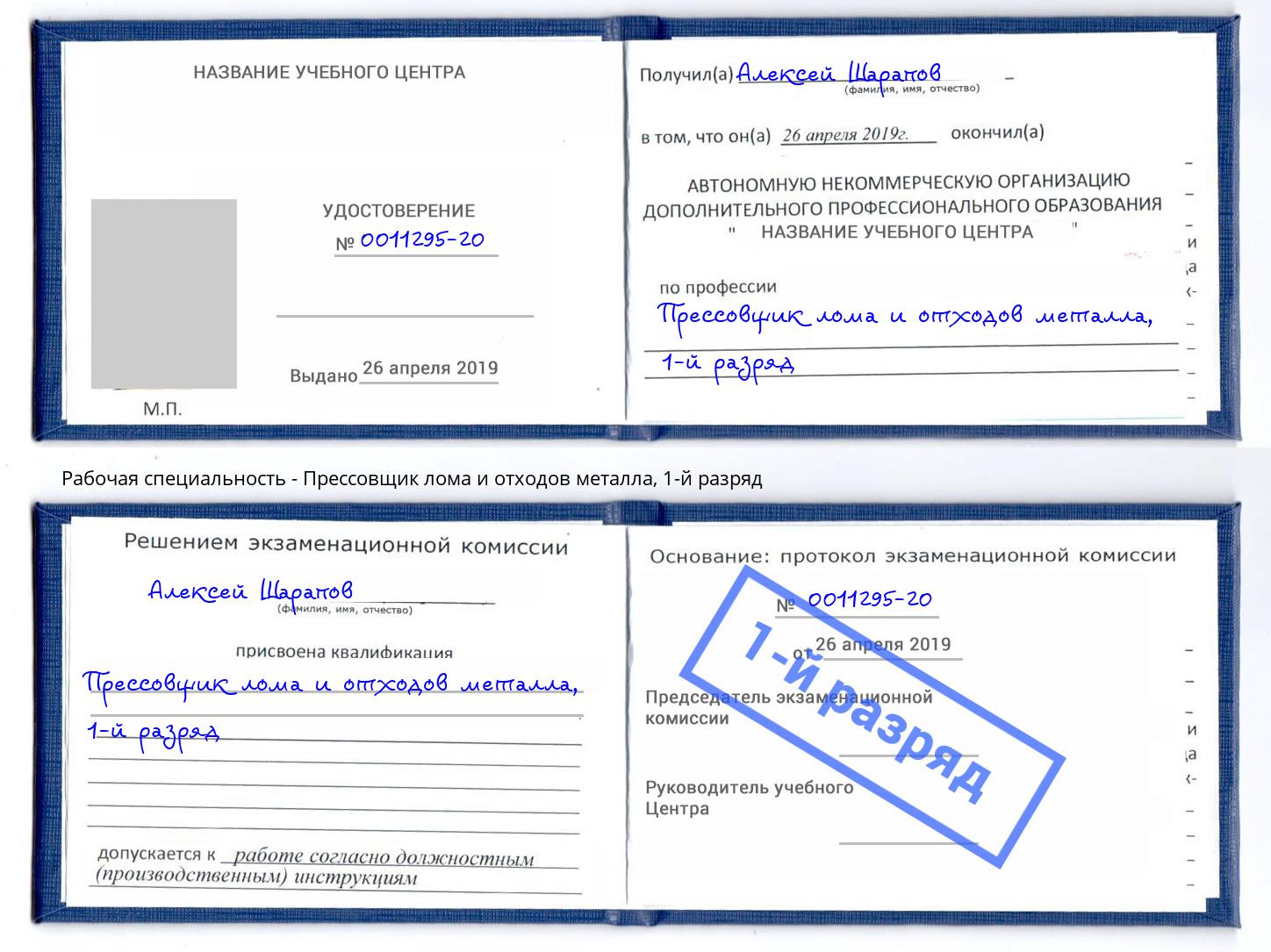 корочка 1-й разряд Прессовщик лома и отходов металла Новозыбков