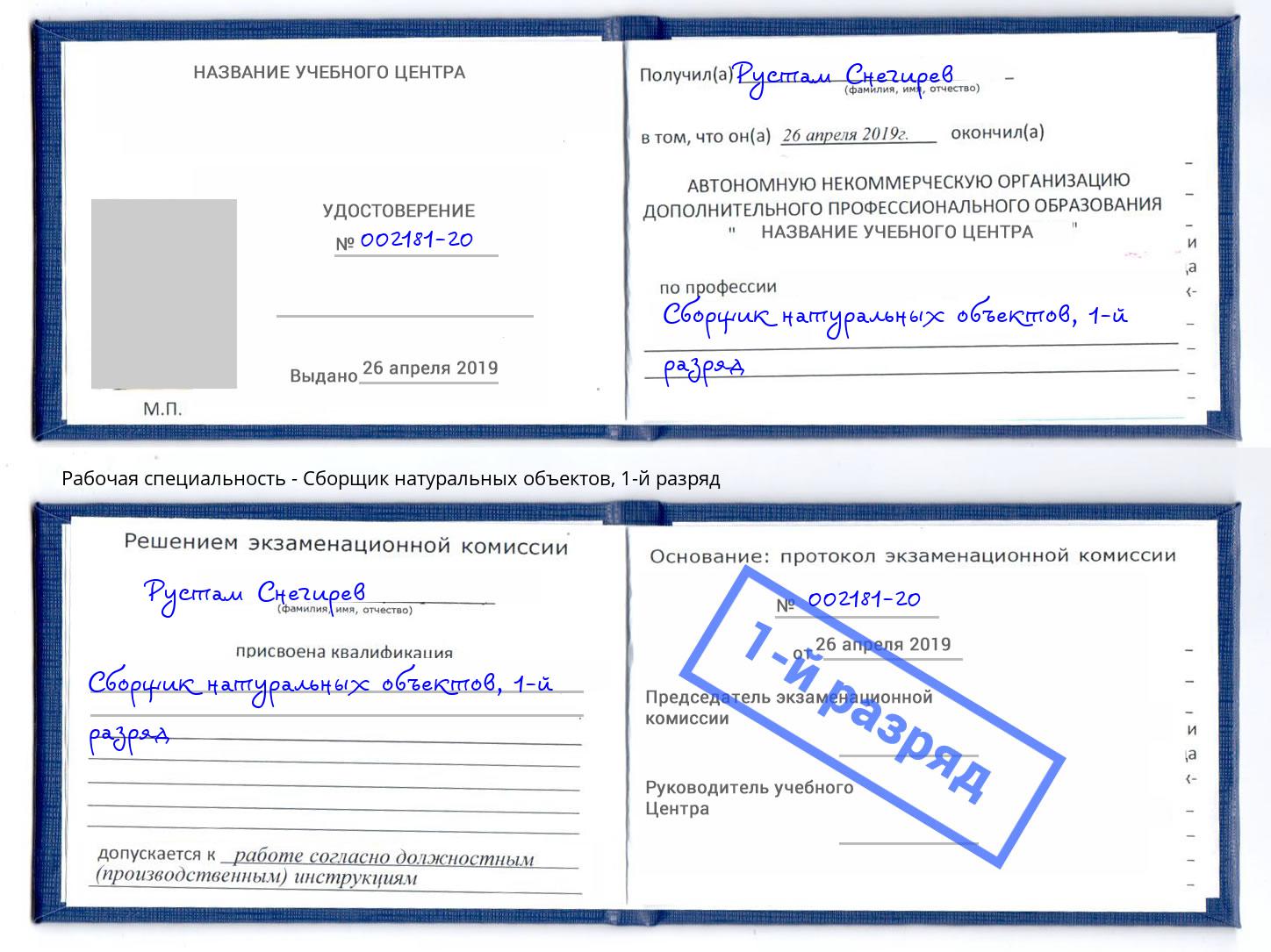 корочка 1-й разряд Сборщик натуральных объектов Новозыбков