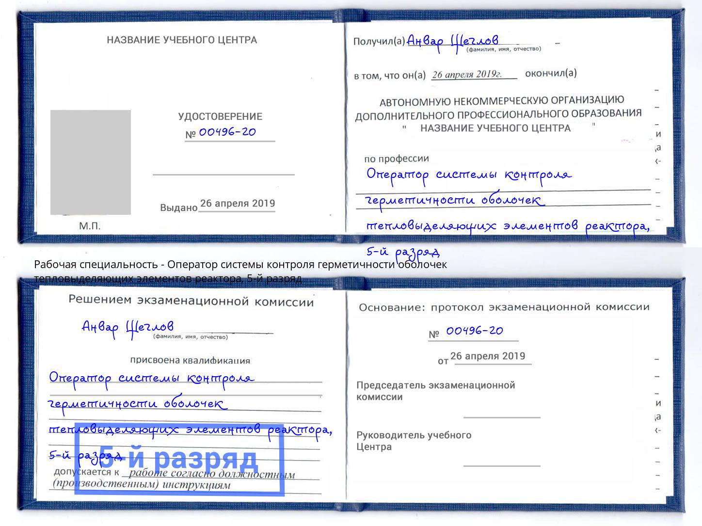 корочка 5-й разряд Оператор системы контроля герметичности оболочек тепловыделяющих элементов реактора Новозыбков