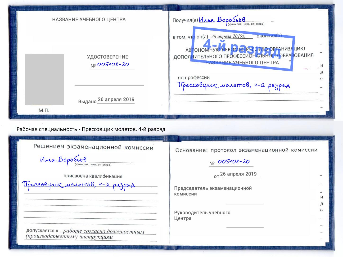 корочка 4-й разряд Прессовщик молетов Новозыбков