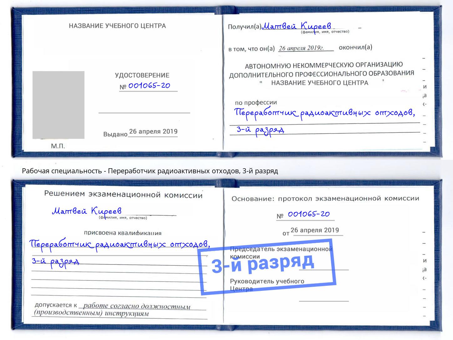корочка 3-й разряд Переработчик радиоактивных отходов Новозыбков