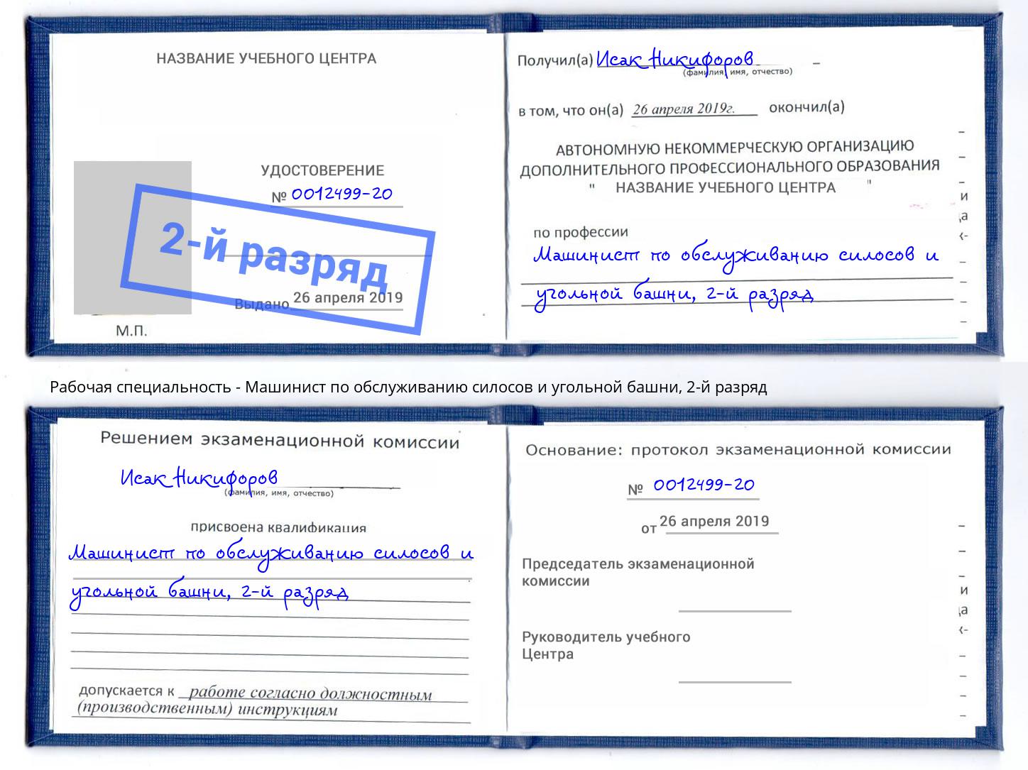 корочка 2-й разряд Машинист по обслуживанию силосов и угольной башни Новозыбков